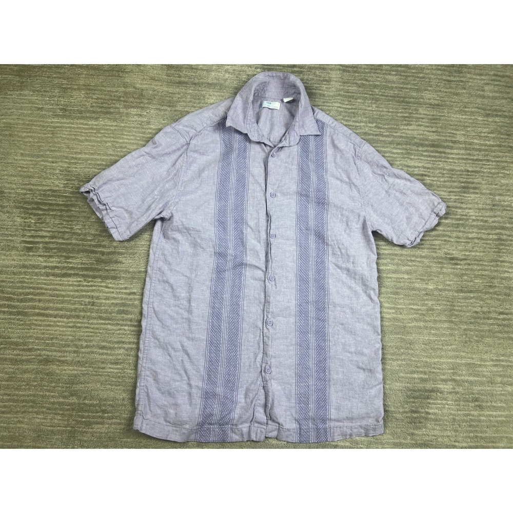 Café Luna Button Up Shirt Mens S Purple Linen Blend Embroidered Short Sleeve